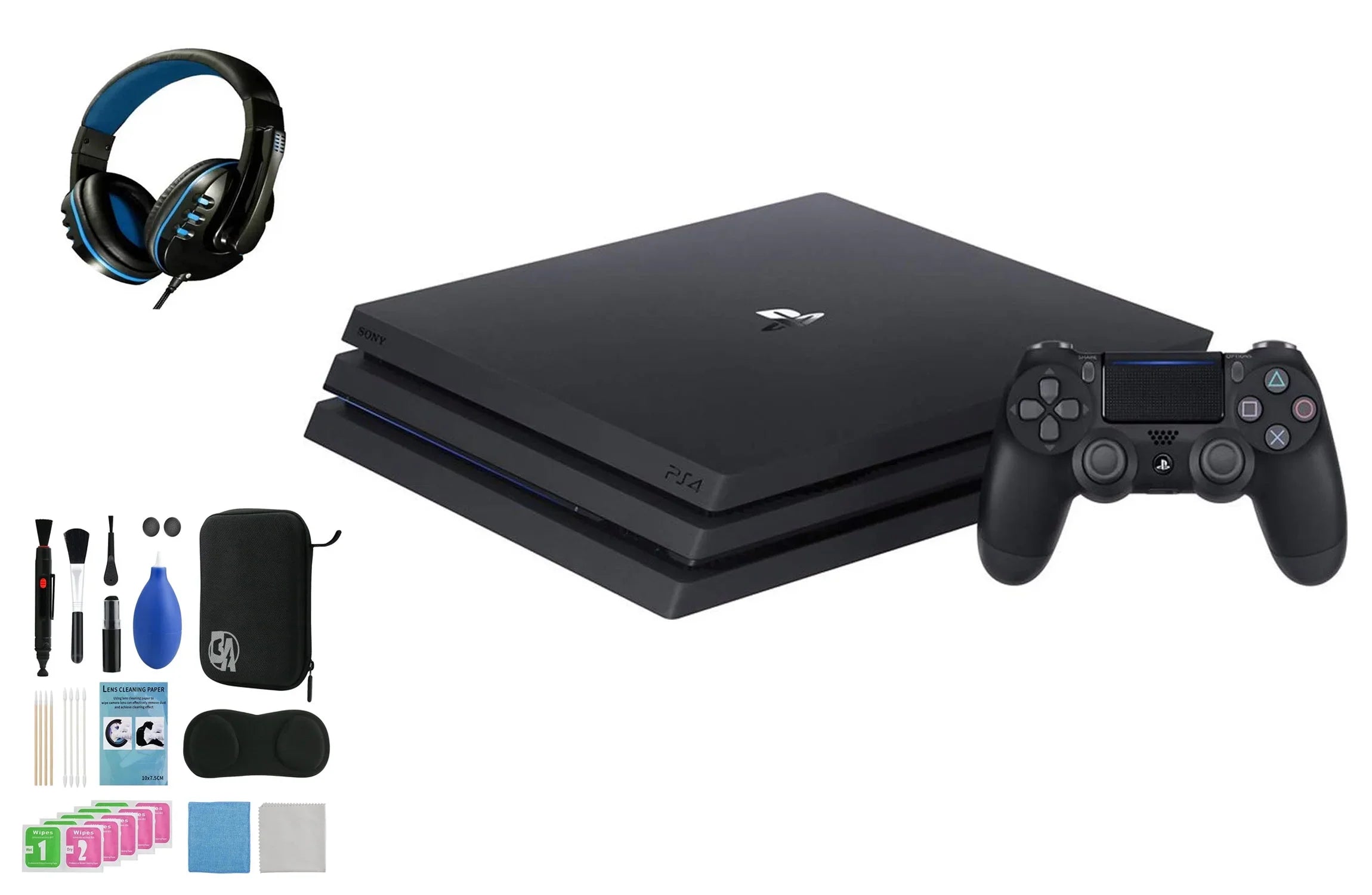 PlayStation 4 Pro 1TB Gaming Console Black Headset With BOLT AXTION Cleaning Kit Bundle Like New