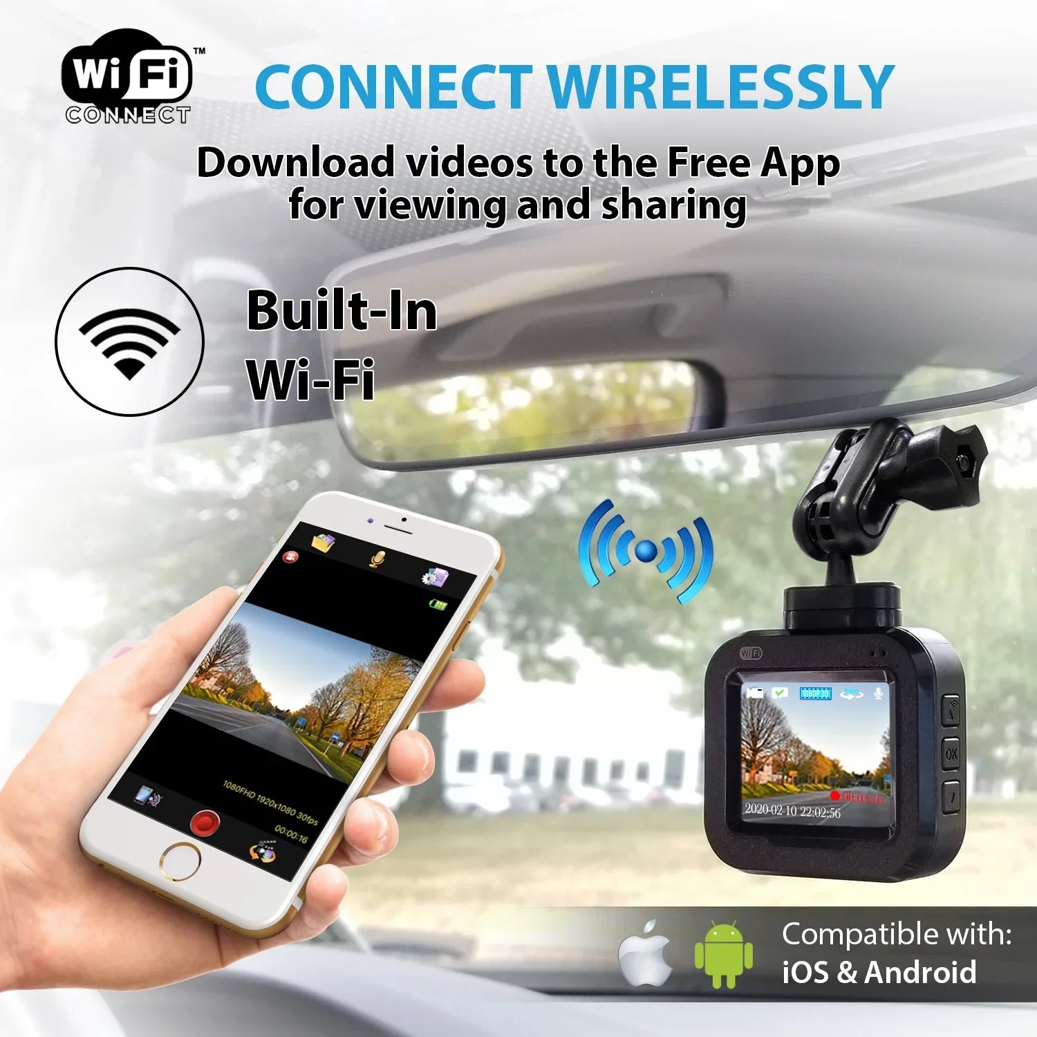 DashCam PRO - Wi-Fi, 1080p Full HD Car Camera, Wide Angle Camera with G-Sensor and Endless Loop Recording