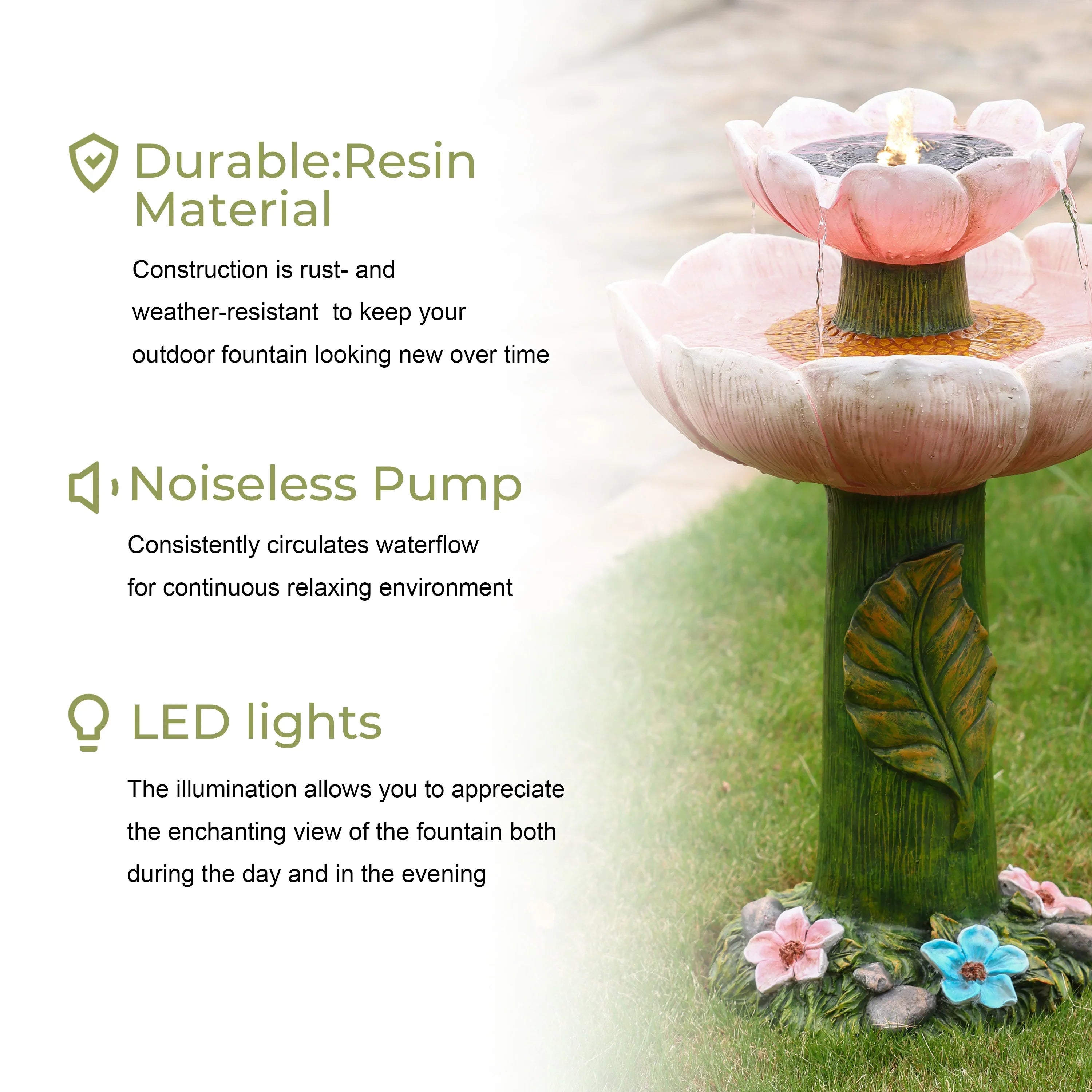 LuxenHome Solar Powered Pink Flower 2-Tier Resin Birdbath Fountain with Lights