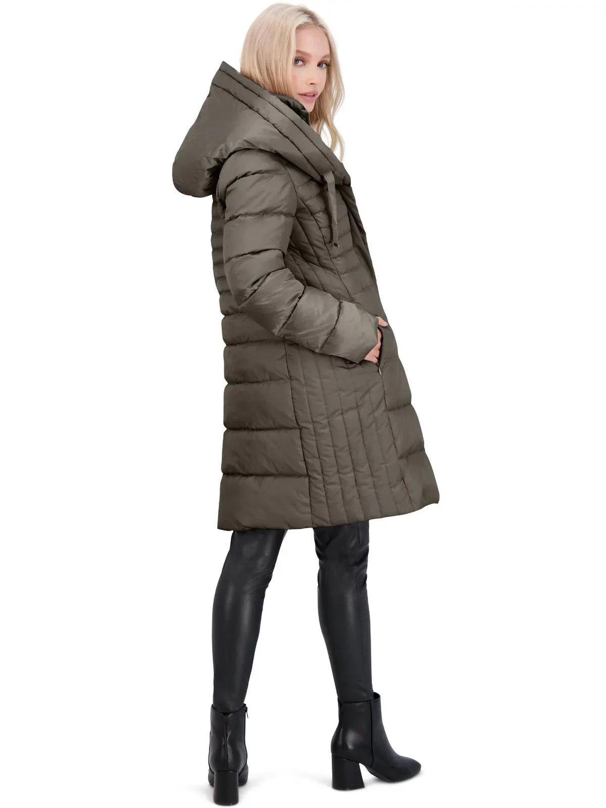 Tahari Casey Fitted Puffer Coat for Women-Quilted Winter Coat with Bib