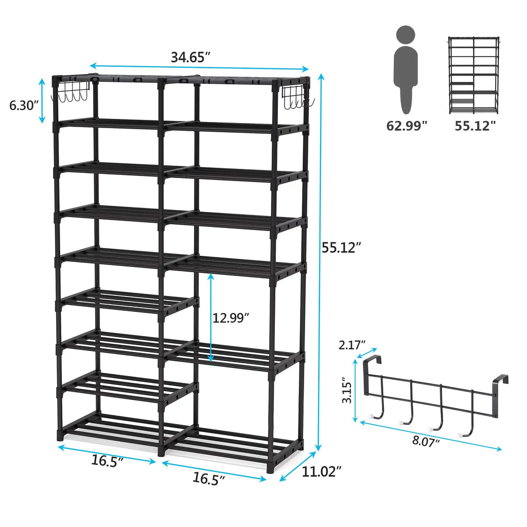 Fiuion Shoe Rack Organizer 9 Tiers Shoe Storage Shelf 32-40 Pairs Shoe Stand for Closet Boot Organizer with 2 Hooks Removable Dustproof Large Stackable Shoe Tower for Shoe Boot Storage, Black