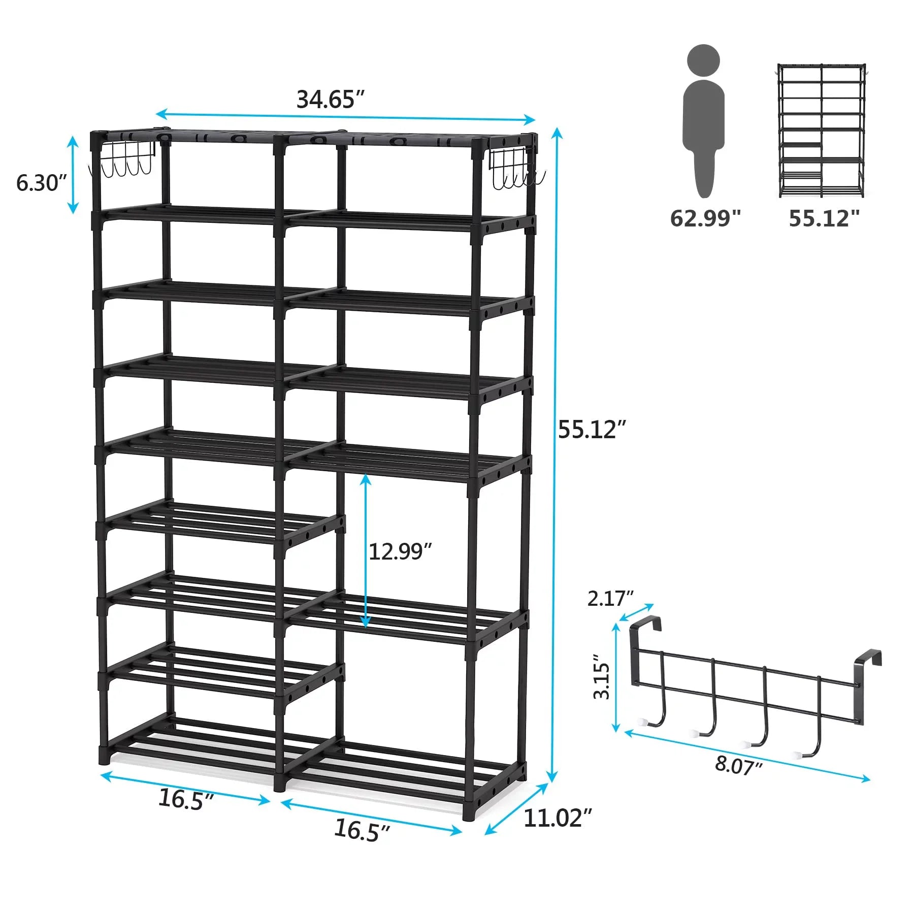 Fiuion Shoe Rack Organizer 9 Tiers Shoe Storage Shelf 32-40 Pairs Shoe Stand for Closet Boot Organizer with 2 Hooks Removable Dustproof Large Stackable Shoe Tower for Shoe Boot Storage, Black