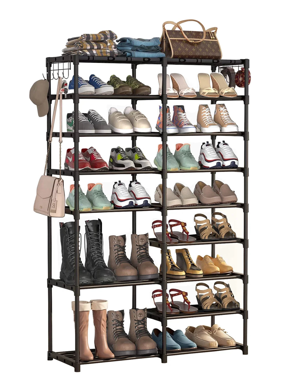 Fiuion Shoe Rack Organizer 9 Tiers Shoe Storage Shelf 32-40 Pairs Shoe Stand for Closet Boot Organizer with 2 Hooks Removable Dustproof Large Stackable Shoe Tower for Shoe Boot Storage, Black