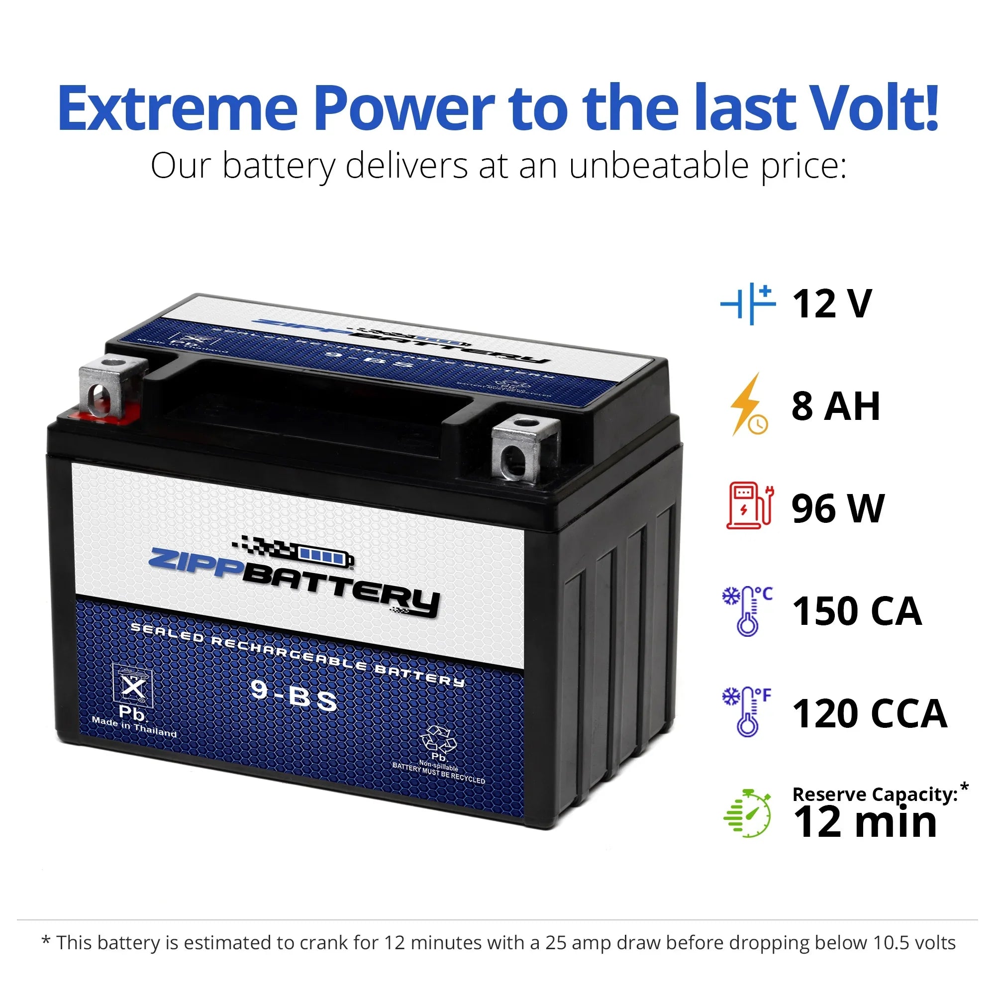 Zipp Battery YTX9-BS (9-BS 12 Volt,8 Ah, 120 CCA) Scooter Battery for Honda Ch150 Elite 150cc 85'-86'
