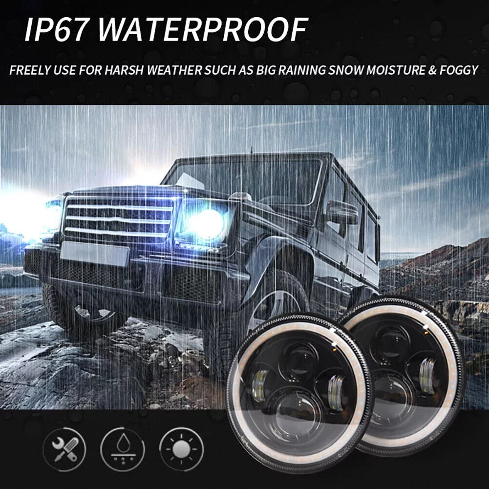7" Inch Round LED Headlights Halo Angle Eyes For Jeep Wrangler TJ CJ JK LJ