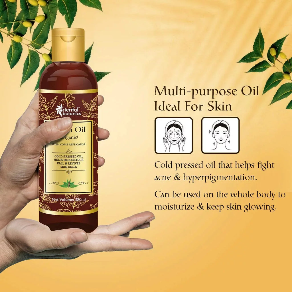 Oriental Botanics Organic Neem Oil 200ml for Hair and Skin Care - With Comb Applicator - Pure Oil with No Mineral Oil, Silicones