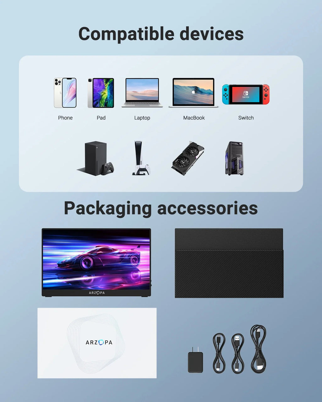 Arzopa 15.6'' 144Hz Portable Gaming Monitor, 1080P FHD USBC HDMI, External Second Display for Mobile pc PS5