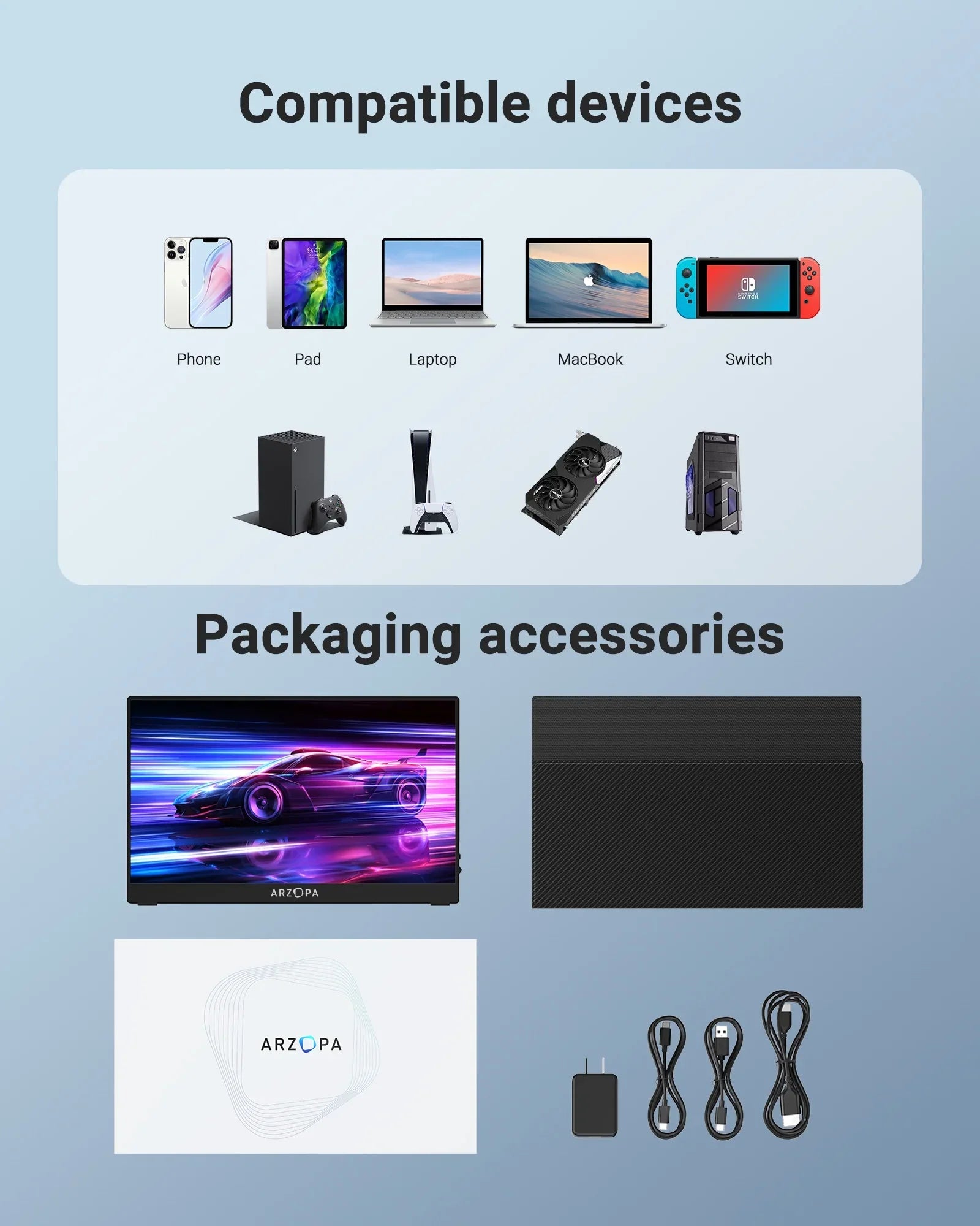 Arzopa 15.6'' 144Hz Portable Gaming Monitor, 1080P FHD USBC HDMI, External Second Display for Mobile pc PS5