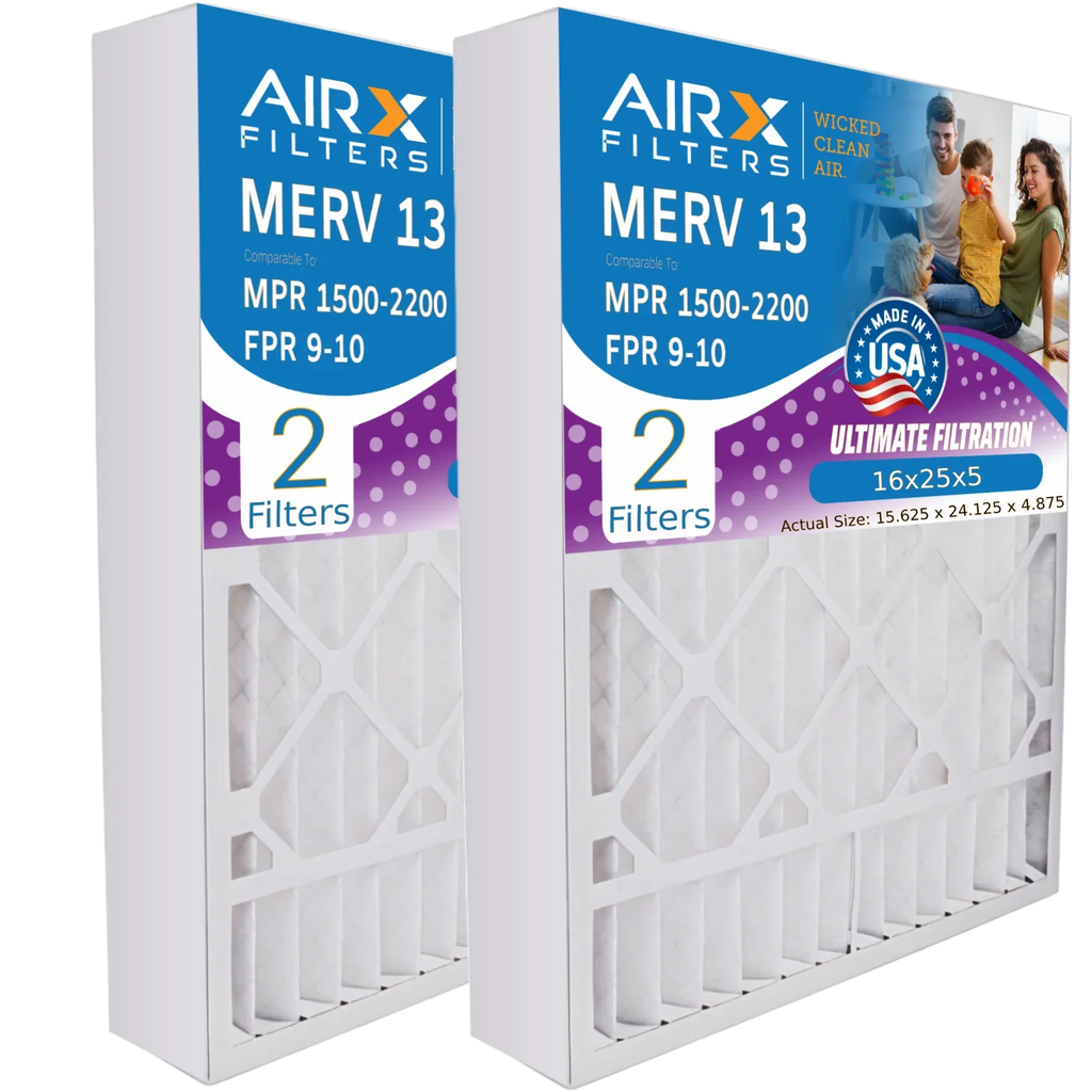 16x25x5 Air Filter MERV 13 Comparable to MPR 1500 - 2200 & FPR 9 Compatible with Air Bear 255649-105 Premium USA Made 16x25x5 Furnace Filter 2 Pack by AIRX FILTERS WICKED CLEAN AIR.