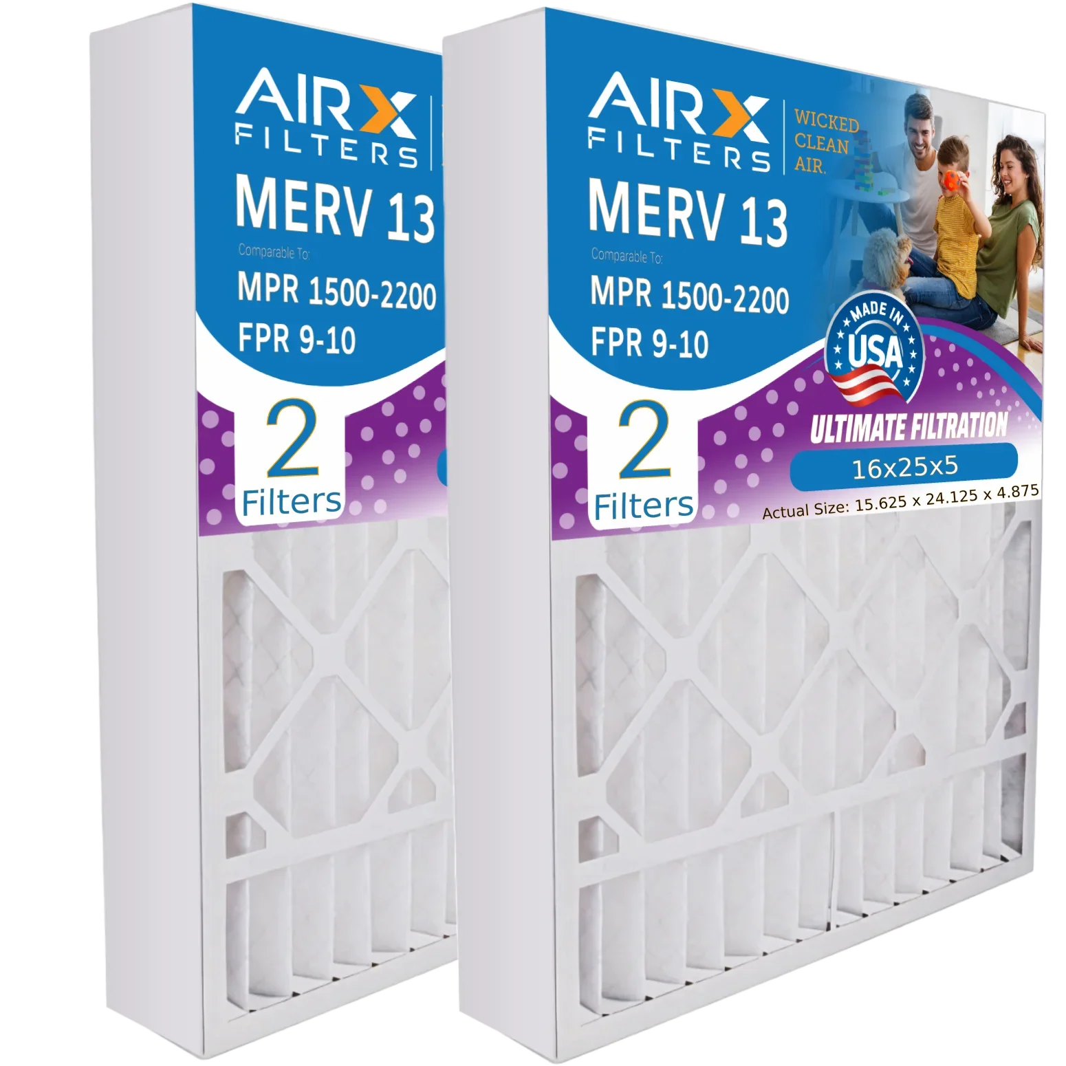 16x25x5 Air Filter MERV 13 Comparable to MPR 1500 - 2200 & FPR 9 Compatible with Air Bear 255649-105 Premium USA Made 16x25x5 Furnace Filter 2 Pack by AIRX FILTERS WICKED CLEAN AIR.