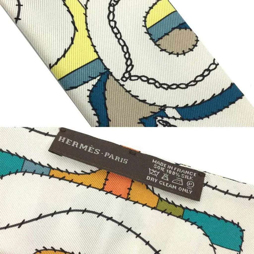 Pre-Owned HERMES Twilly Scarf Muffler White x Orange Blue 100% Silk Hermes (Good)