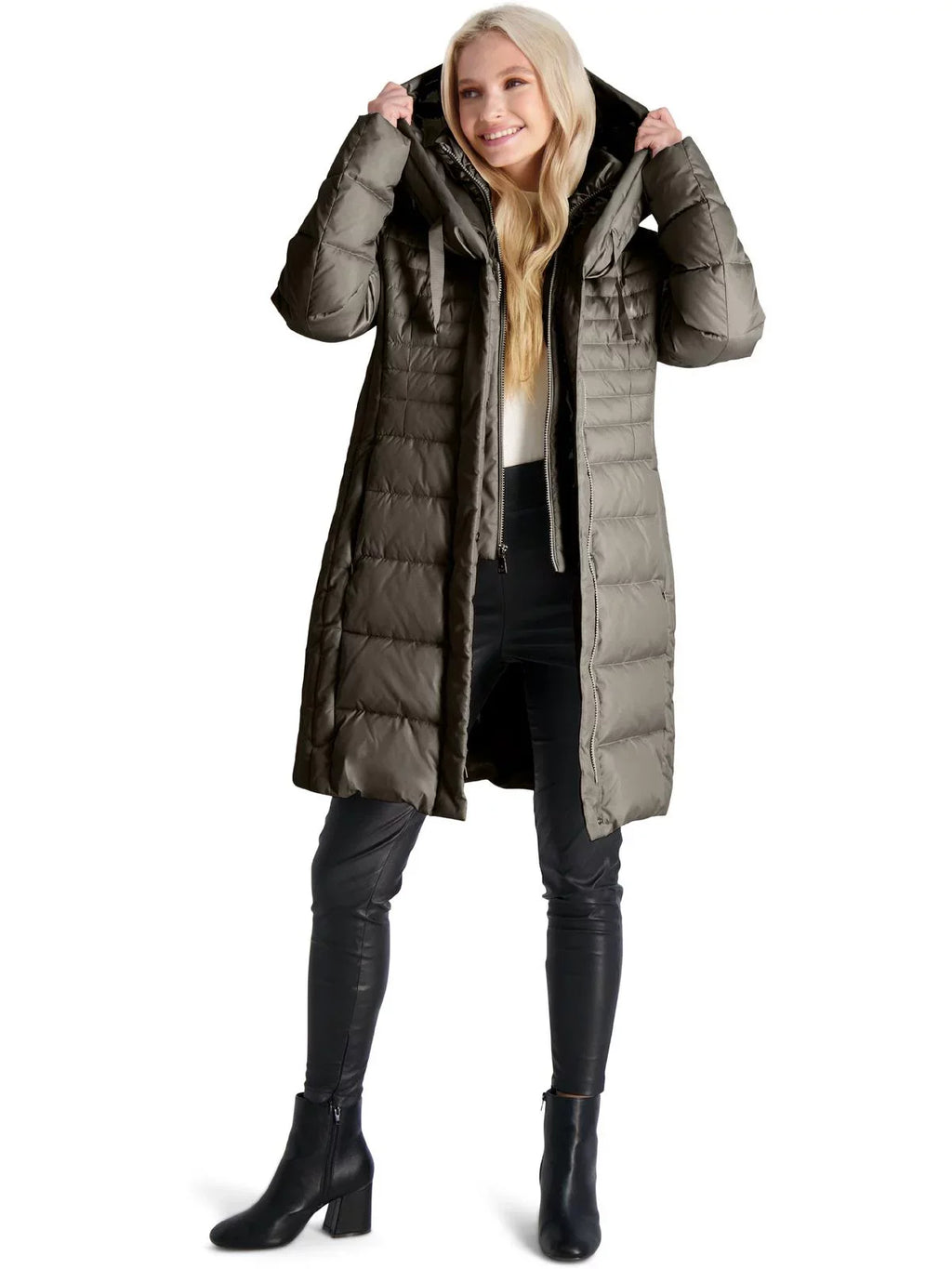 Tahari Casey Fitted Puffer Coat for Women-Quilted Winter Coat with Bib