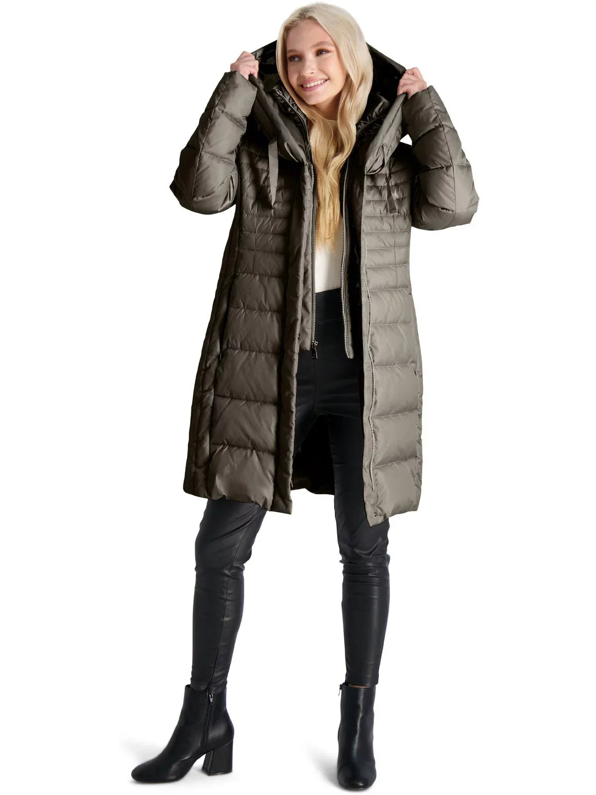 Tahari Casey Fitted Puffer Coat for Women-Quilted Winter Coat with Bib