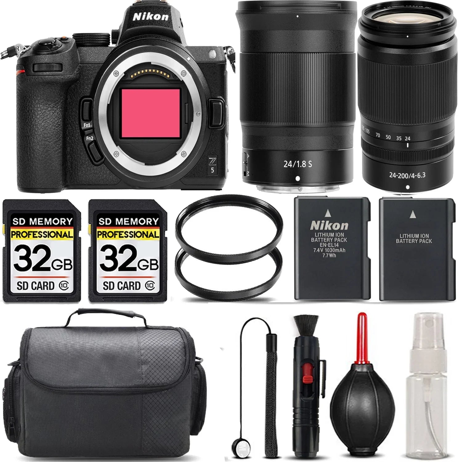 Z5 Mirrorless with 24-200mm f/4-6.3 VR Lens + 24mm f/1.8 S Lens + 64GB Storage + UV Filter + Backup Battery + Case + Cleaning Kit - International Version