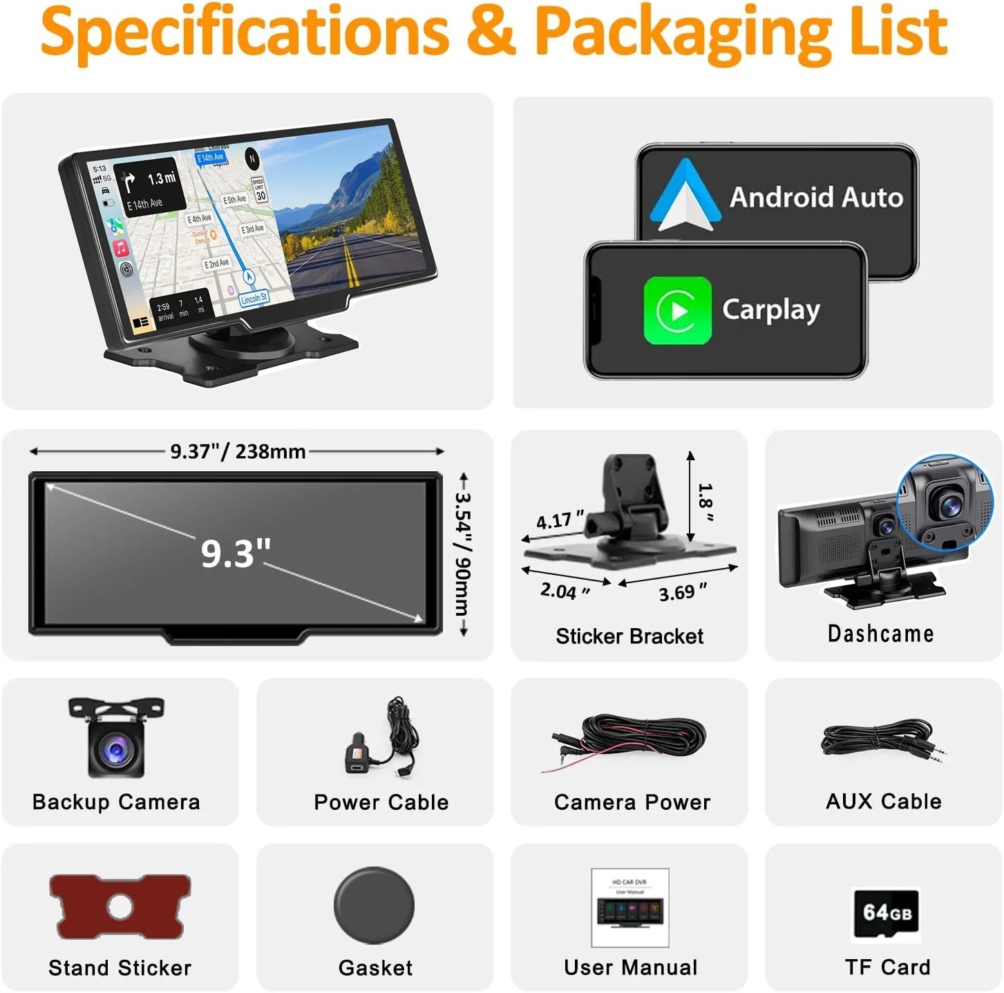 CAIHONG Portable Wireless Carplay Car Stereo with 2.5K Dash Cam - 9" HD IPS Display Android Auto, 1080p Backup Camera, Loop Recording, Bluetooth, GPS Navigation Head Unit, Car Radio Receiver