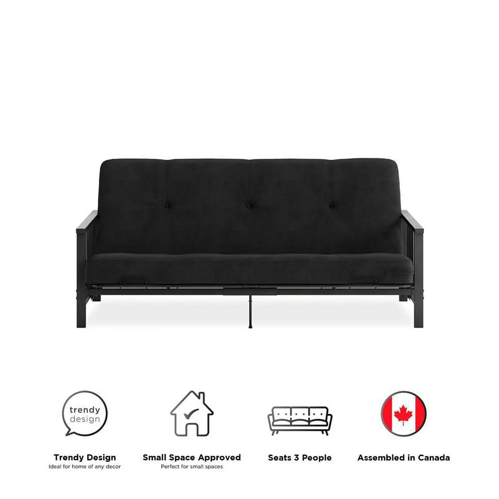 DHP Tallie Full Metal Arm Futon with 6" Thermobonded Black Microfiber Mattress