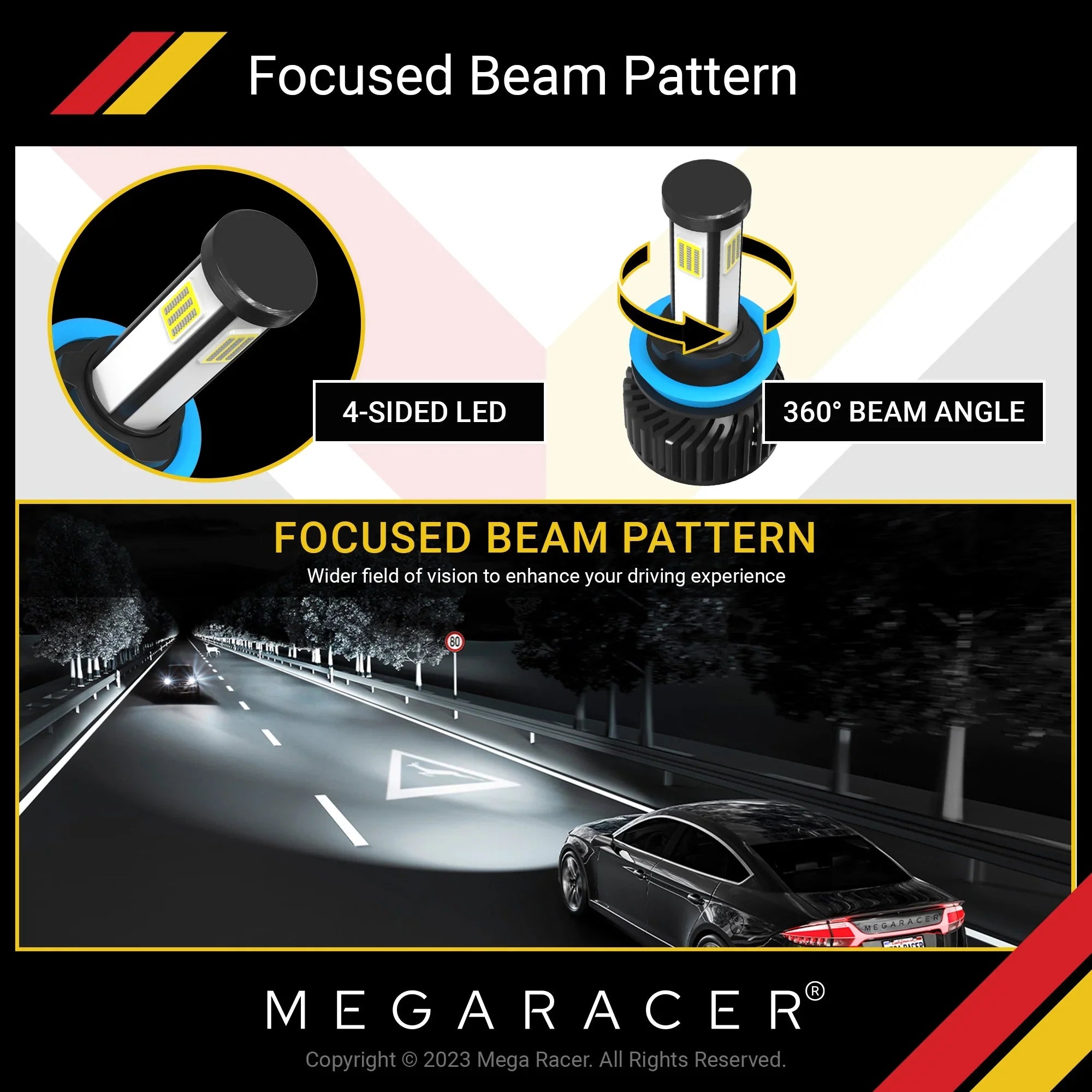 Mega Racer GMC Yukon 4 Sided H11 H9 H8 LED Headlight Bulbs 6000K Diamond White 12V 60W 10000LM GMC Yukon 2015 2016 2017 2018 2019 15 16 17 18 19 Low Beam Automotive Replacement