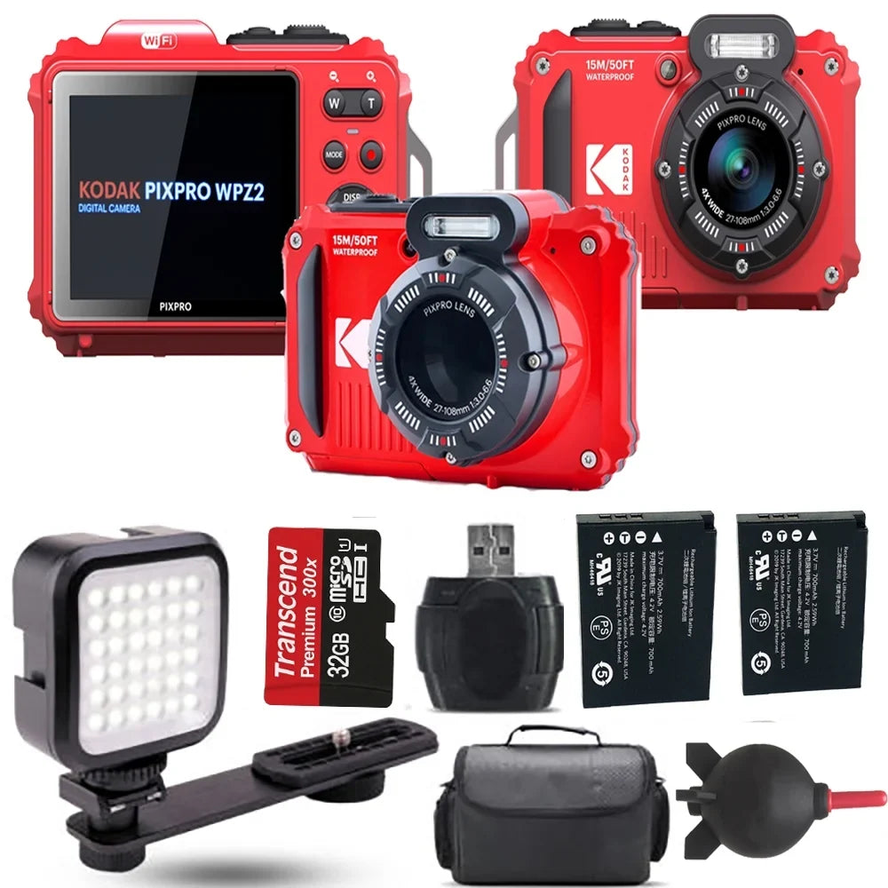 Kodak PIXPRO WPZ2 Digital Camera (Red)+ Extra Battery + LED - 32GB Kit