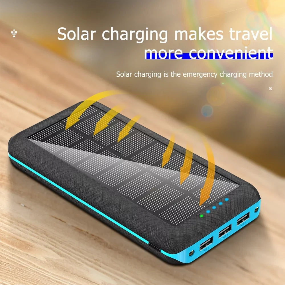 Ponyta Solar Power Bank 20000mAh Portable Charger 3 USB Large Capacity Mobile Power Supply with Dual LED Lights Xmas Decor