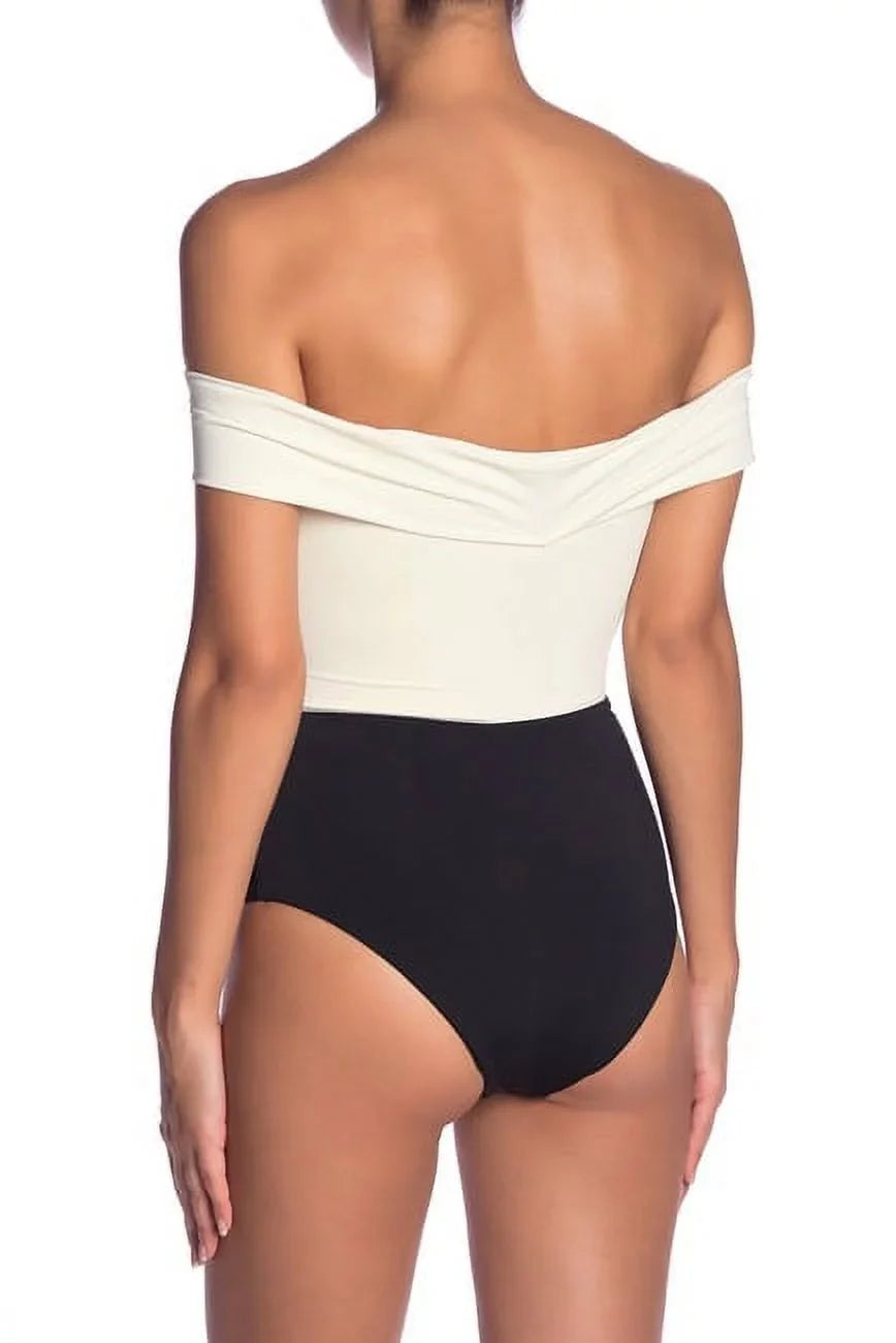 L*Space CREAM/BLACK/CAMEL Off-the-Shoulder One Piece Swimsuit, US 8