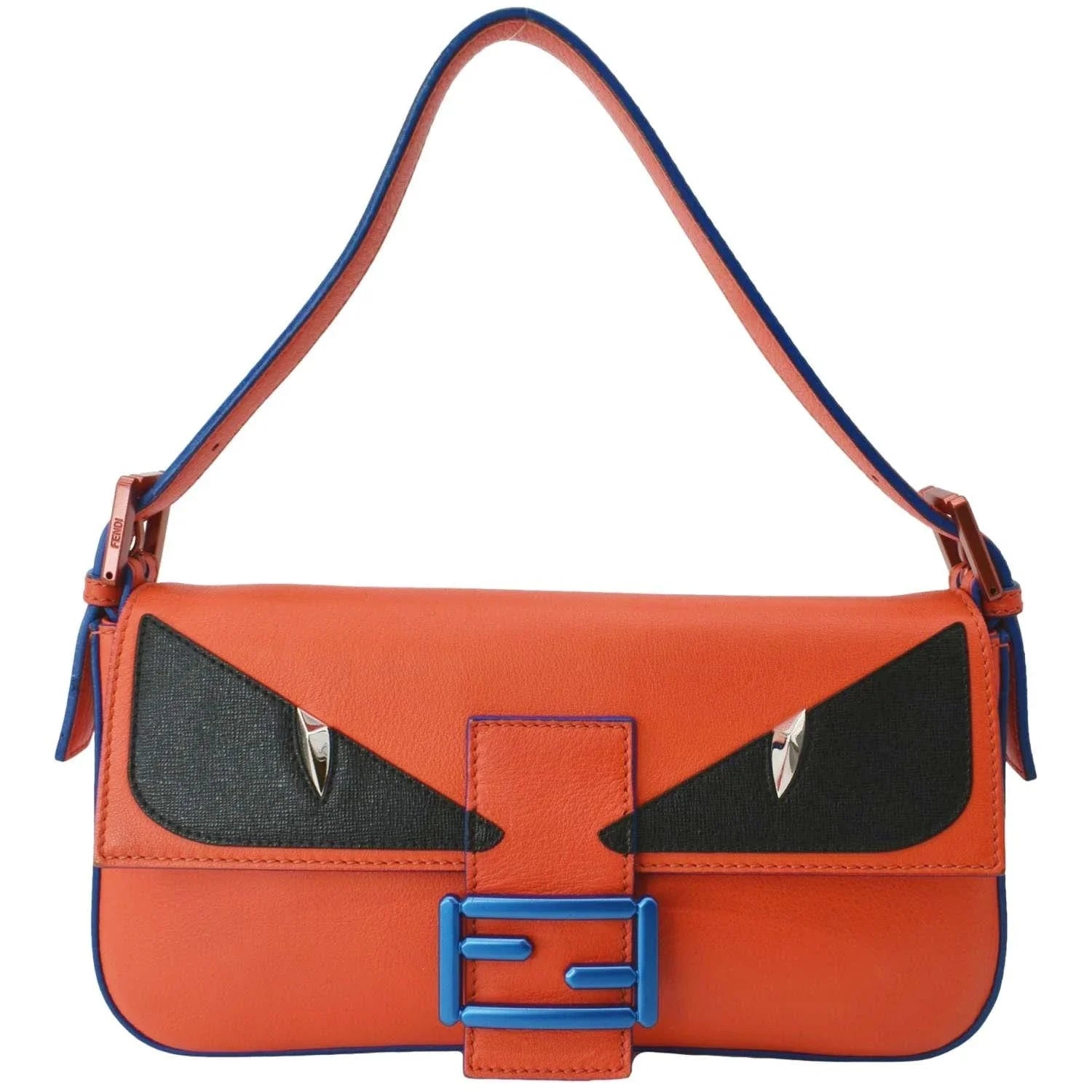 Pre-owned FENDI Monster Eye Baguette Calfskin Leather Crossbody Bag Orange