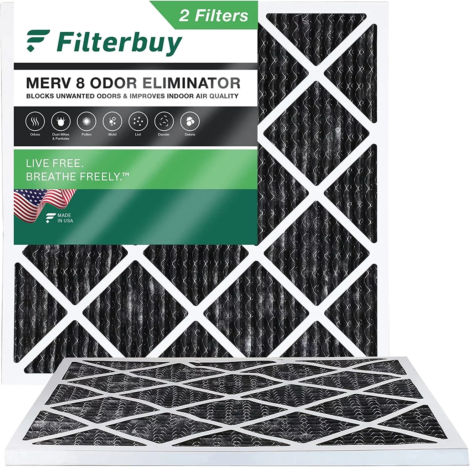 Filterbuy 12x12x1 MERV 8 Odor Eliminator Pleated HVAC AC Furnace Air Filters with Activated Carbon (2-Pack)