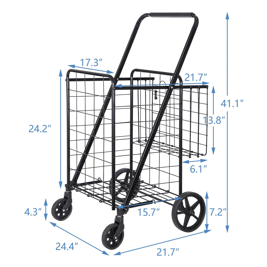 ZENY Folding Utility Shopping Cart with Double Basket and Wheels for Grocery Laundry Book Luggage Travel, Black