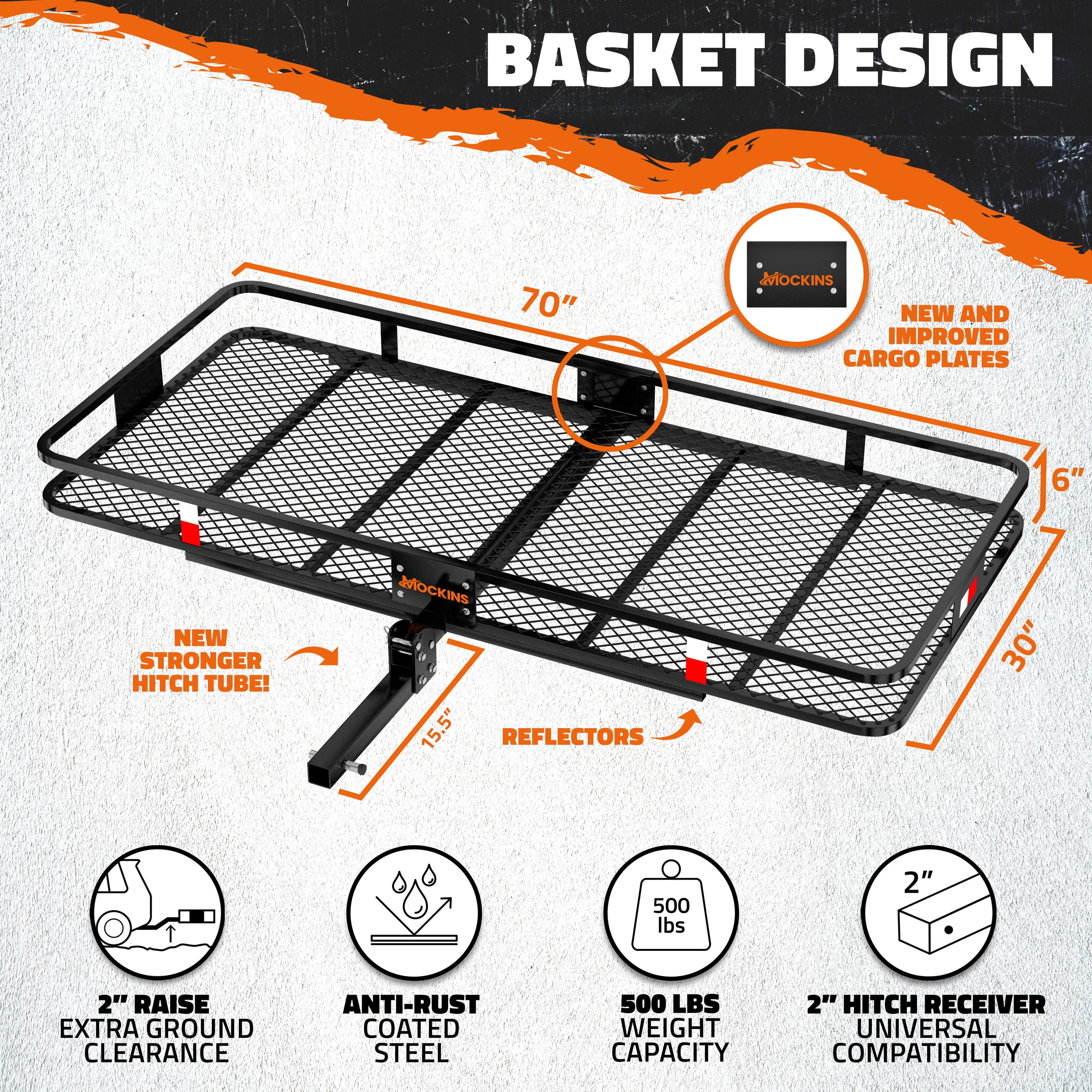 Mockins 70"x30"x6" XXL Trailer Hitch Cargo Carrier Hitch Mount | 500lbs Cap. Hitch Basket with 40 CF Bag & Foldable Arm