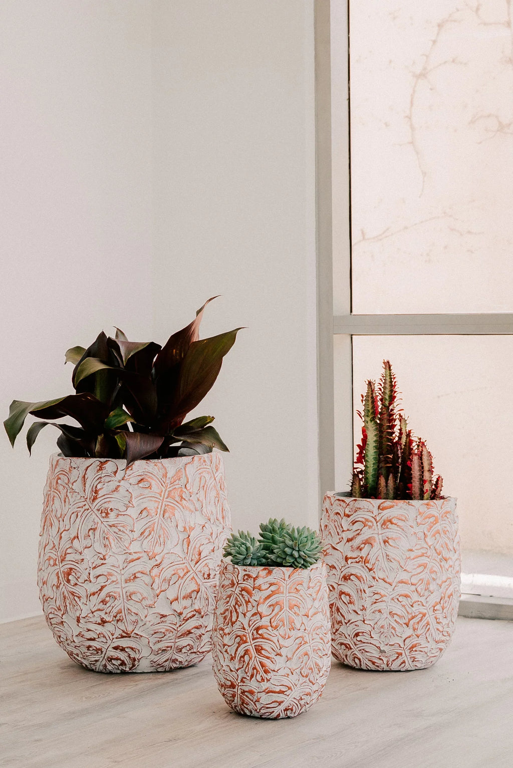 XBrand 19.3", 15.4" and 12.2"H Tall Beige and Golden Fiberstone/Cement Indoor Outdoor Planters (Set of 3), Modern Decorative Plant Pots with Drain Hole for All House Plants, Succulents & Flowers
