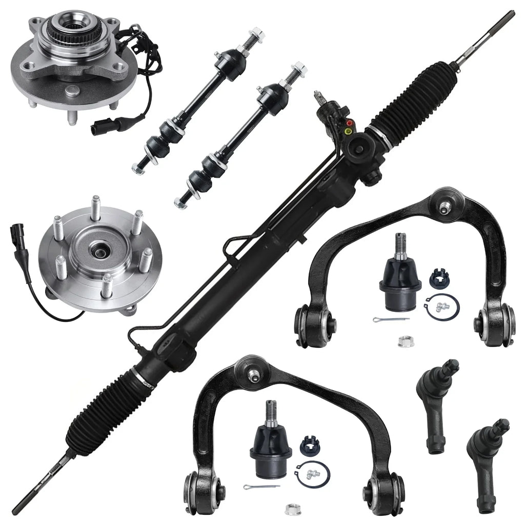 Detroit Axle - Power Steering Rack & Pinion + Front Upper Control Arms + Wheel Hubs + Suspension Kit Replacement for Ford F-150 Lincoln Mark LT 4WD w/ABS ; Straight Sway Bars - 11pc Set