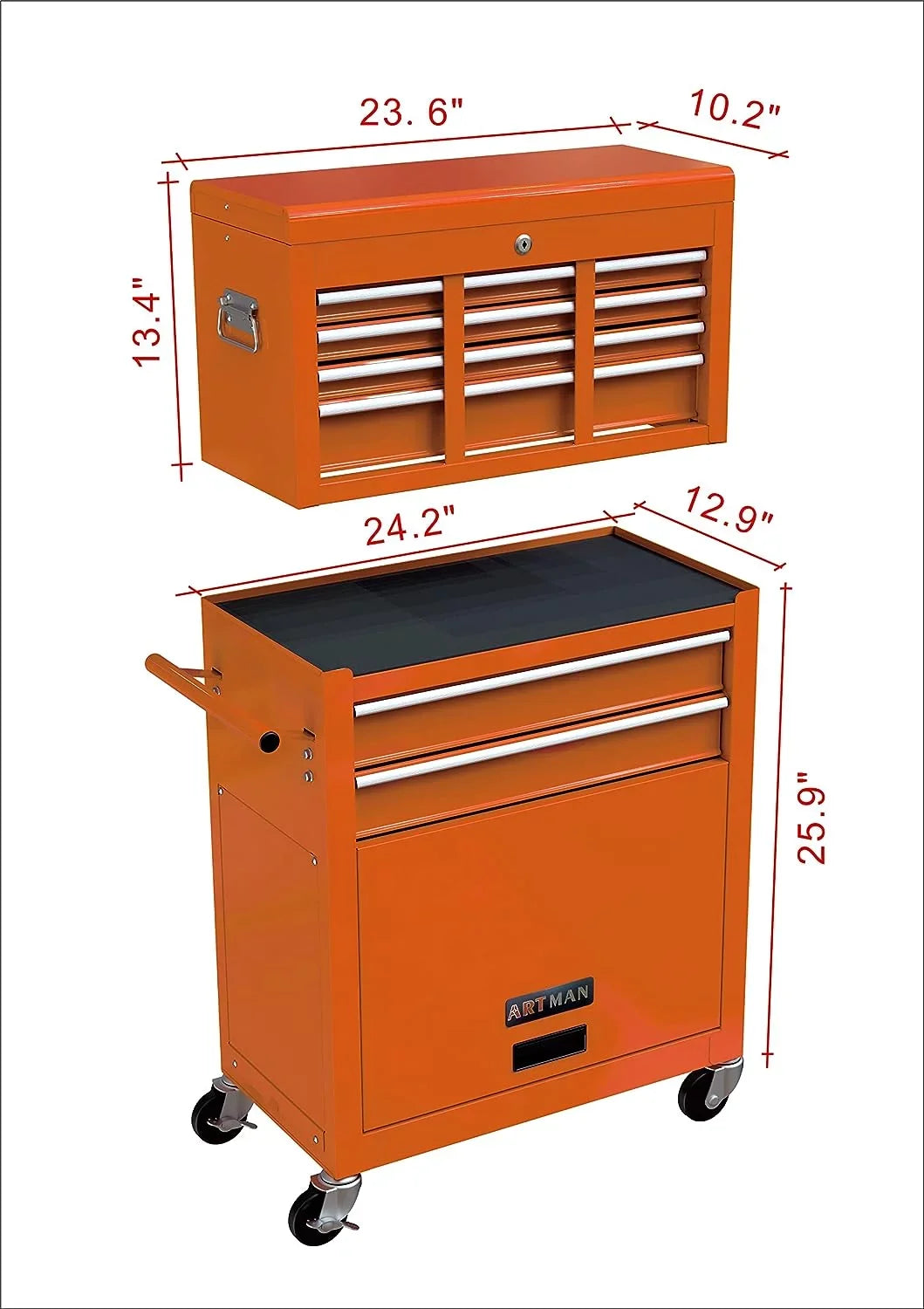 LoLado 8 Drawer Rolling Tool Chest with Wheels, High Capacity Tool Storage Cabinet & Tool Box Cart, Lockable Rolling Tool Chest with Drawers, Toolbox Organizer for Garage Warehouse Workshop - Orange
