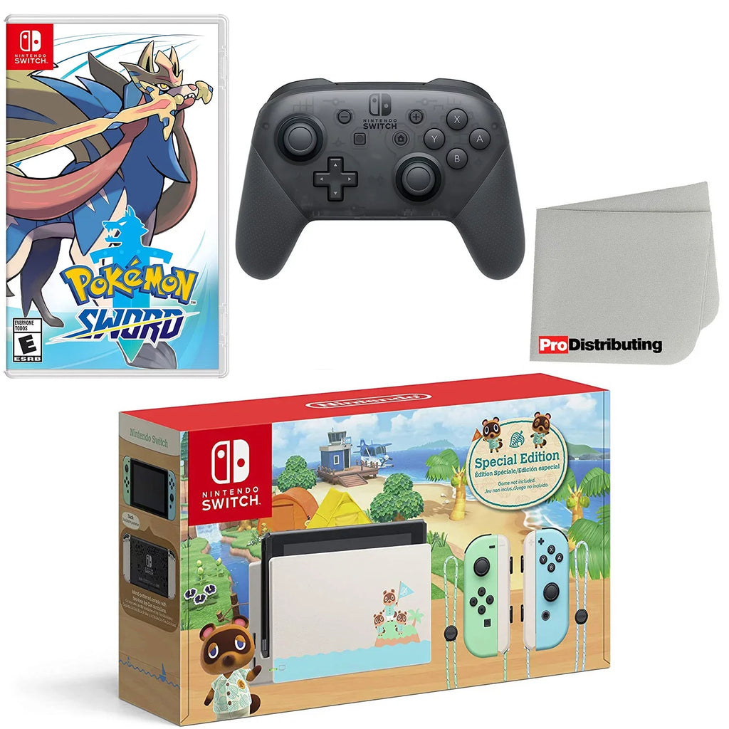 Nintendo Switch Console Animal Crossing: New Horizons Edition with Extra Wireless Controller, Pokemon Sword and Display Cleaning Cloth