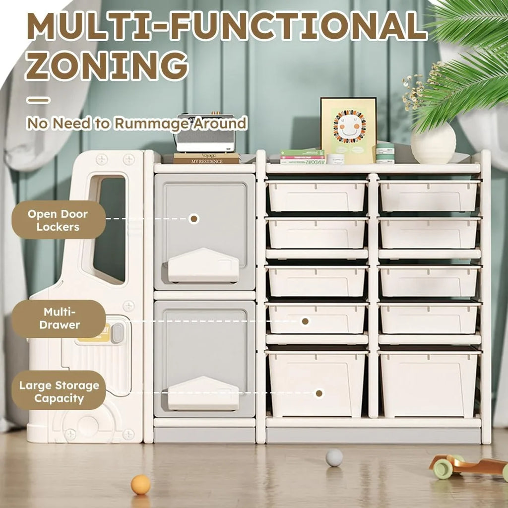 RUNFAYBIU Toy Organizer Multi-Functional Bookshelf and Toy Box Closed Cabinet and Pull-Out Drawer for Playroom Children's Bedroom and Nursery. (10 Organizer Boxes + 2 Organizer Cab