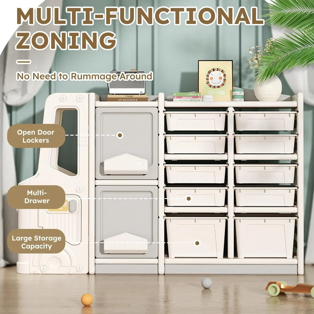 RUNFAYBIU Toy Organizer Multi-Functional Bookshelf and Toy Box Closed Cabinet and Pull-Out Drawer for Playroom Children's Bedroom and Nursery. (10 Organizer Boxes + 2 Organizer Cab