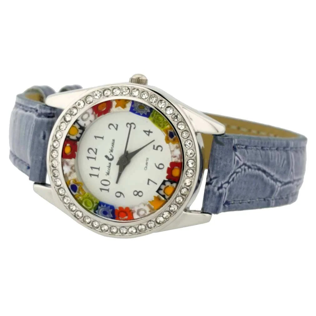 GlassOfVenice Murano Glass Watch Millefiori And Crystals With Leather Band - Light Blue
