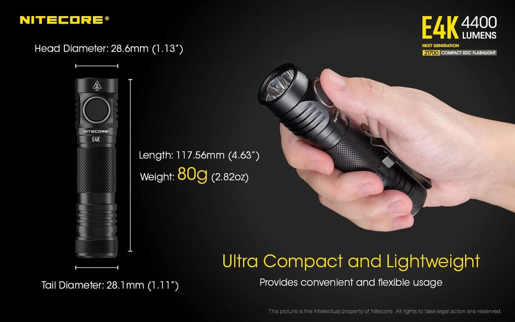 Combo: NITECORE E4K Next generation Flashlight - 4400 Lumens w/Tini Brass Keychain Light -380 Lumens