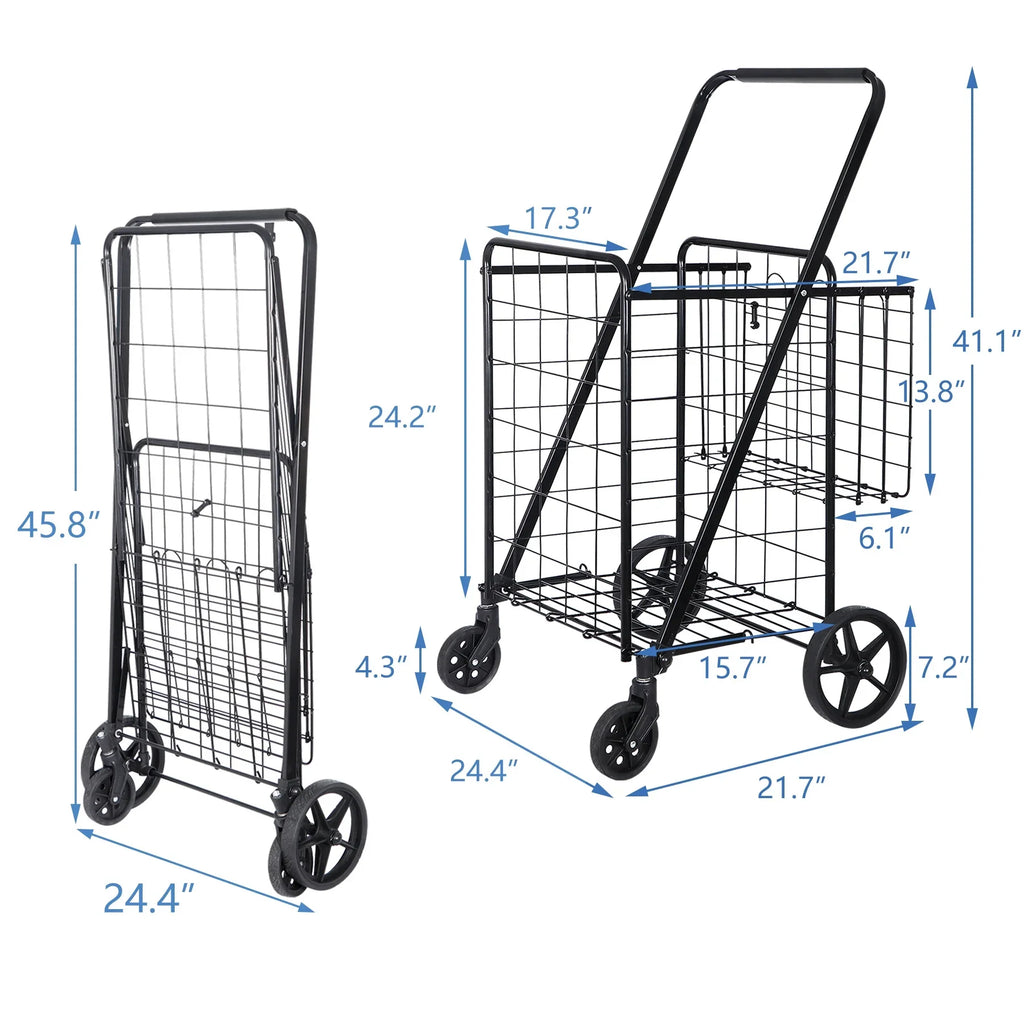 ZENY Folding Utility Shopping Cart with Double Basket and Wheels for Grocery Laundry Book Luggage Travel, Black