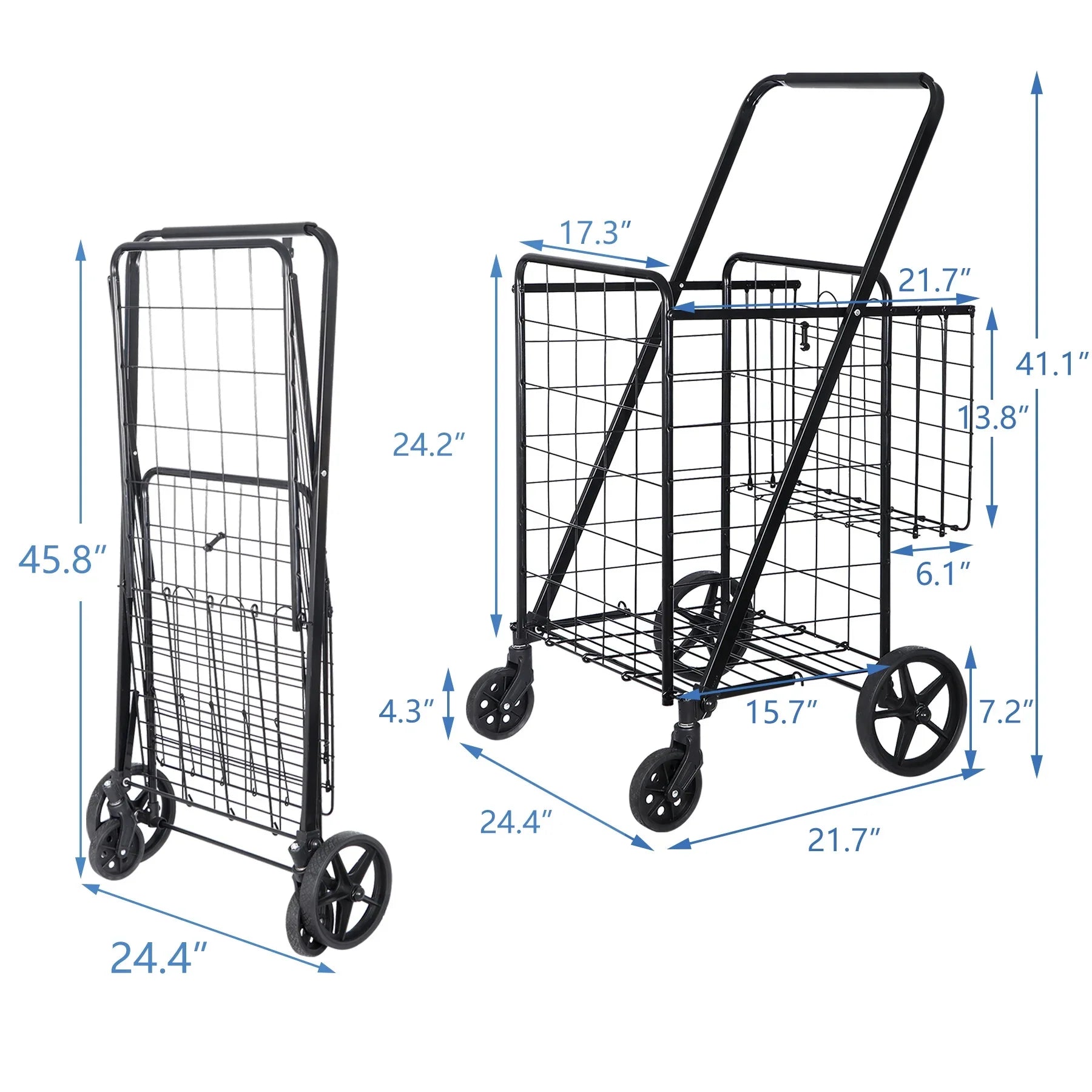 ZENY Folding Utility Shopping Cart with Double Basket and Wheels for Grocery Laundry Book Luggage Travel, Black