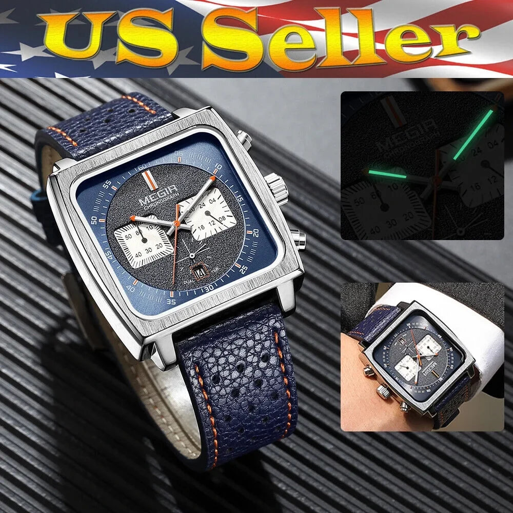 KingFurt MEGIR Liquid Blue Square Dial Quartz Watch - Luminous, Date Display - Men's Leather Watch