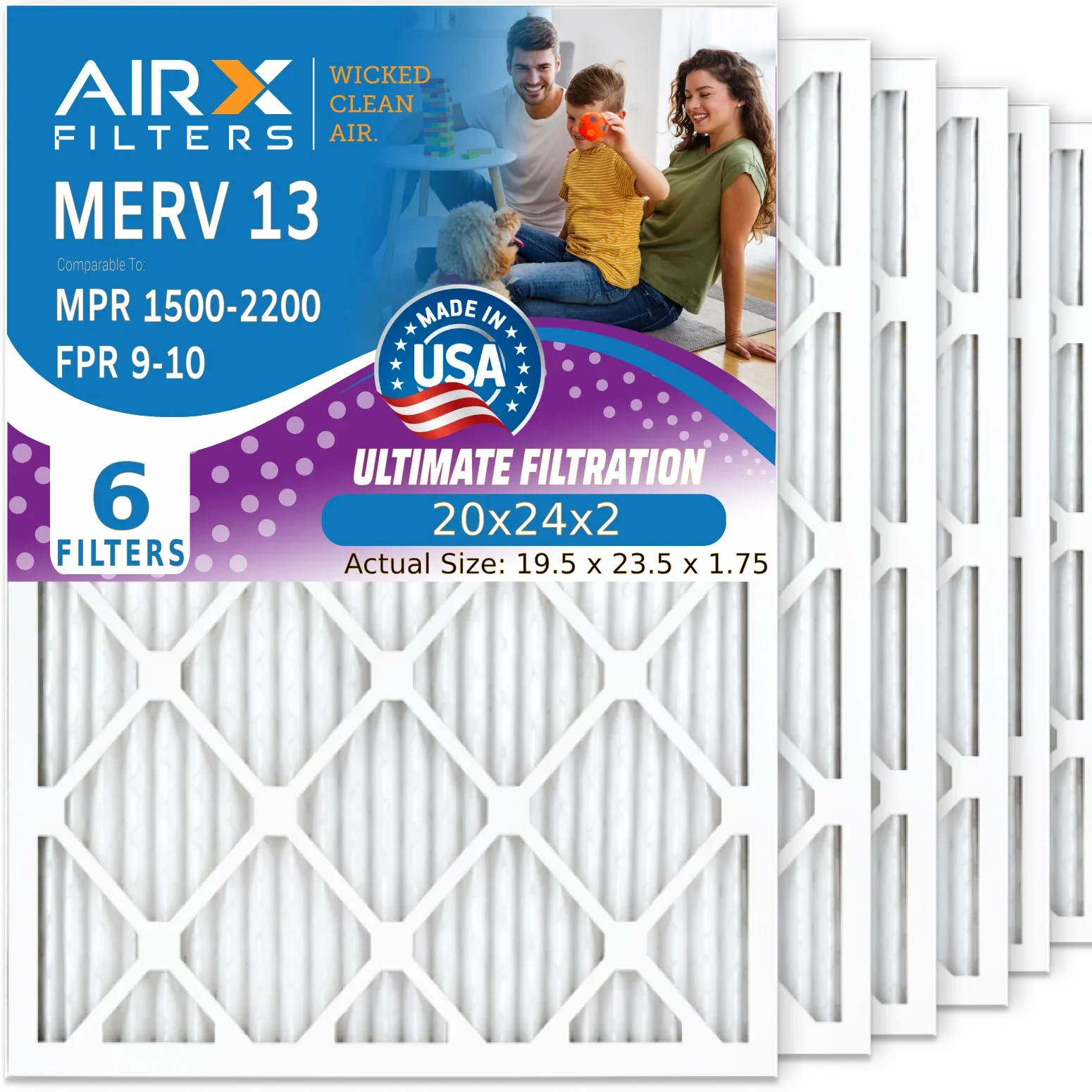 20x24x2 Air Filter MERV 13 Comparable to MPR 1500 - 2200 & FPR 9 Electrostatic Pleated Air Conditioner Filter 6 Pack HVAC AC Premium USA Made 20x24x2 Furnace Filters by AIRX FILTERS WICKED CLEAN AIR.
