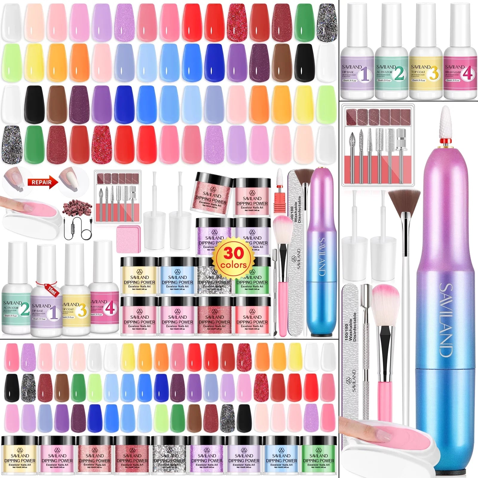 Saviland Keratin Dip Powder Nails Kit with Drill - 30 Colors Dipping Nail Powder Kit with Base and Top Coat Activator Dip Powder Liquids Set, Cuticle Oil and Electric Drill