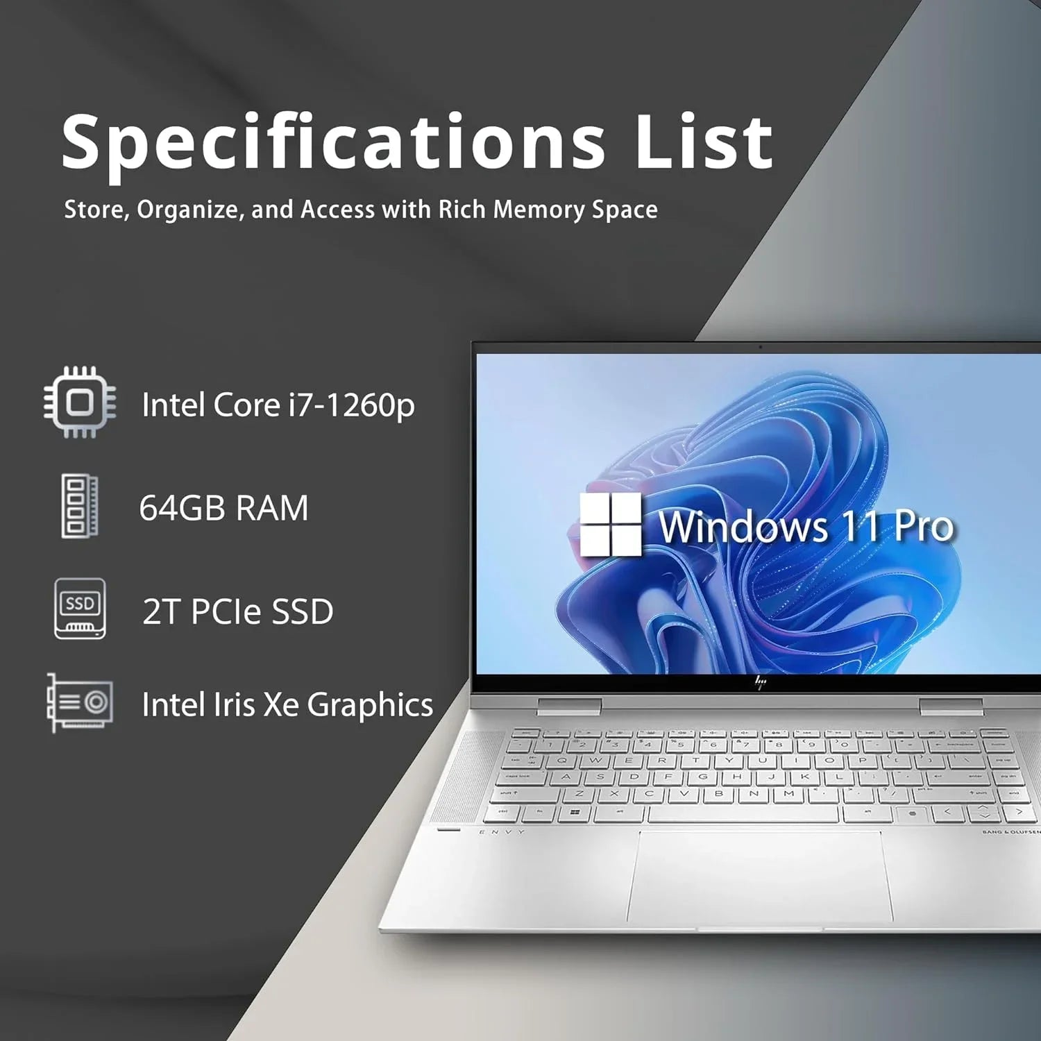 Envy x360 2-in-1 15.6" FHD Display Notebook Core i7-1260p, 64GB RAM, 2TB SSD, Backlit KB, HD Webcam, Iris Xe Graphics, Wi-Fi, Bluetooth, Win 11 Pro, Silver, 32GB USB Card