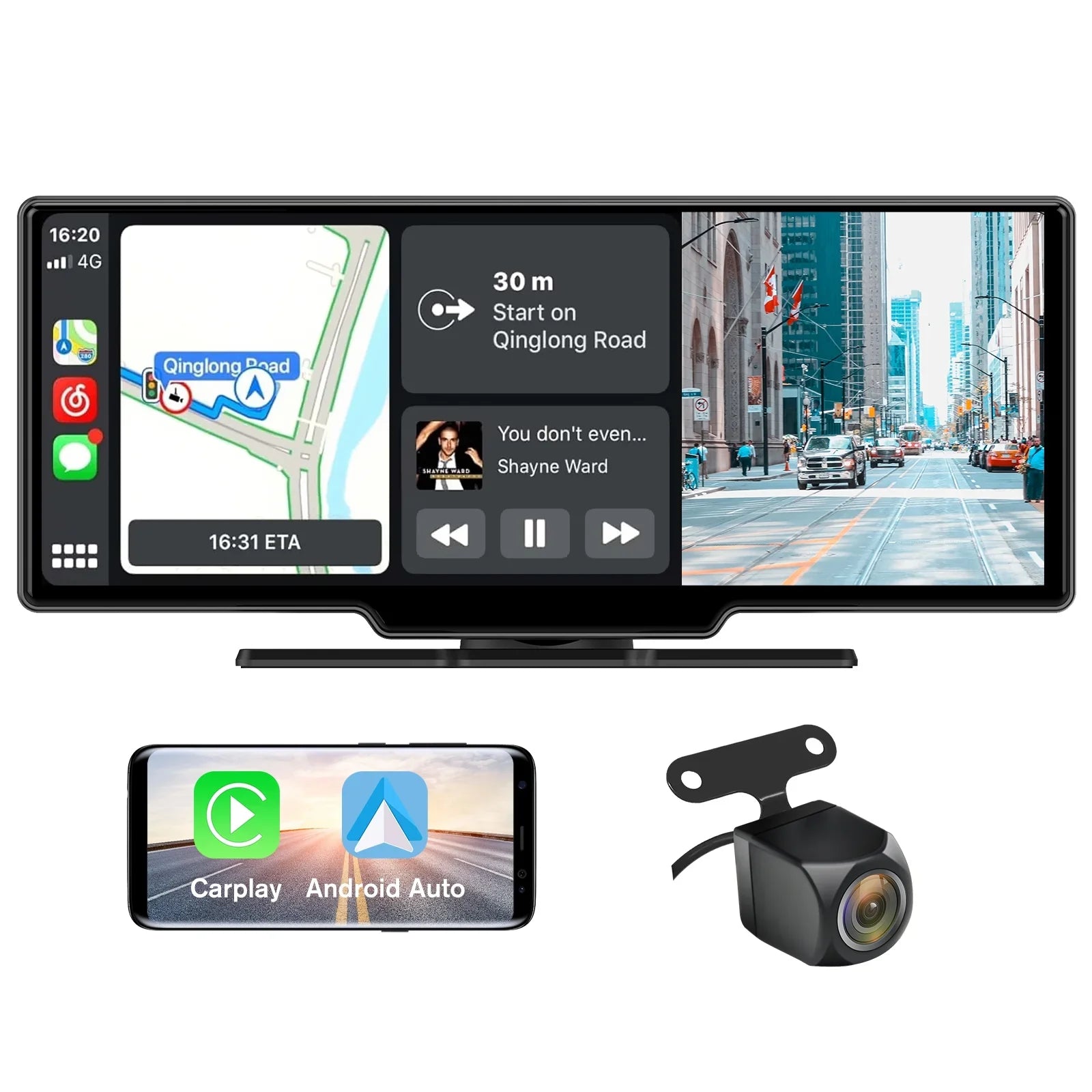 Awesafe 10.25 Inch IPS Touch Monitor Wireless Carplay Android Auto Bluetooth Unit Portable Car Radio Stereo with 1080p Backup Camera DVR GPS Navigator AirPlay AUX/FM Googel Siri