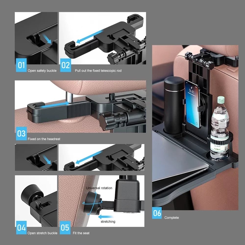 Htovila Adjustable Car Seat Travel Table Multifunctional Foldable Car Back Seat Food Tray, Car Table with Phone Holder for Working, Writing, Eating Black