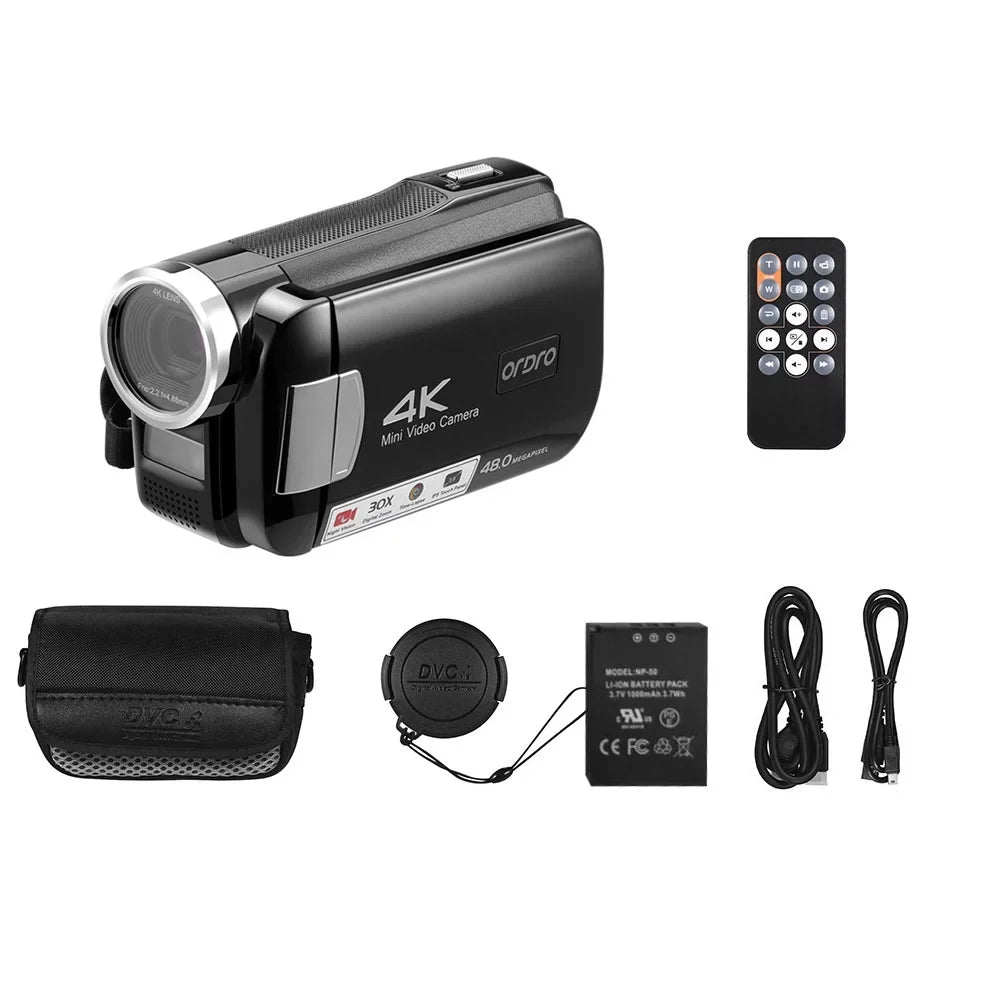 ORDRO AC2 4K Digital Video Camera Camcorder DV Recorder 48MP 30X Digital Zoom IR Night Vision 3.0 Inch IPS Display with Battery Remote Control Carry Bag