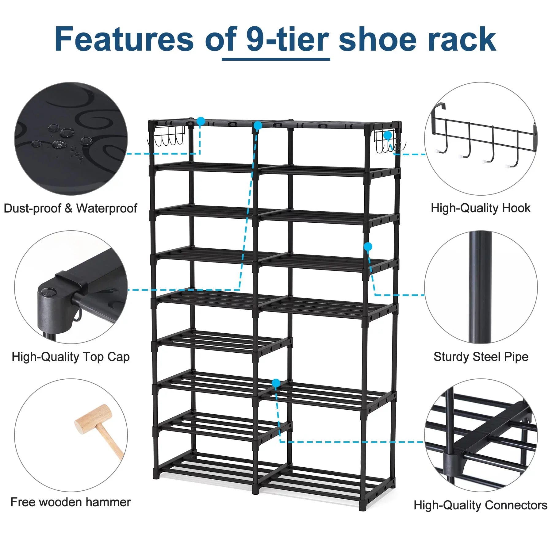 Fiuion Shoe Rack Organizer 9 Tiers Shoe Storage Shelf 32-40 Pairs Shoe Stand for Closet Boot Organizer with 2 Hooks Removable Dustproof Large Stackable Shoe Tower for Shoe Boot Storage, Black