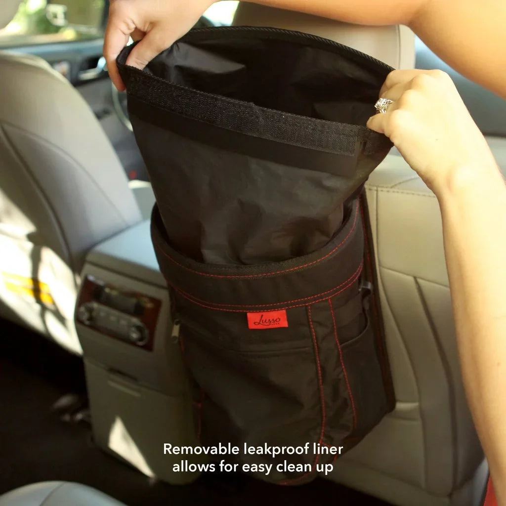 Lusso Gear | Car Trash Can | Hanging, Leakproof Vinyl Garbage Bin with Removable Liner | Large Capacity, Flip Open Lid | Hang or Mount | 2.5 Gallon, Black with Red Stitching