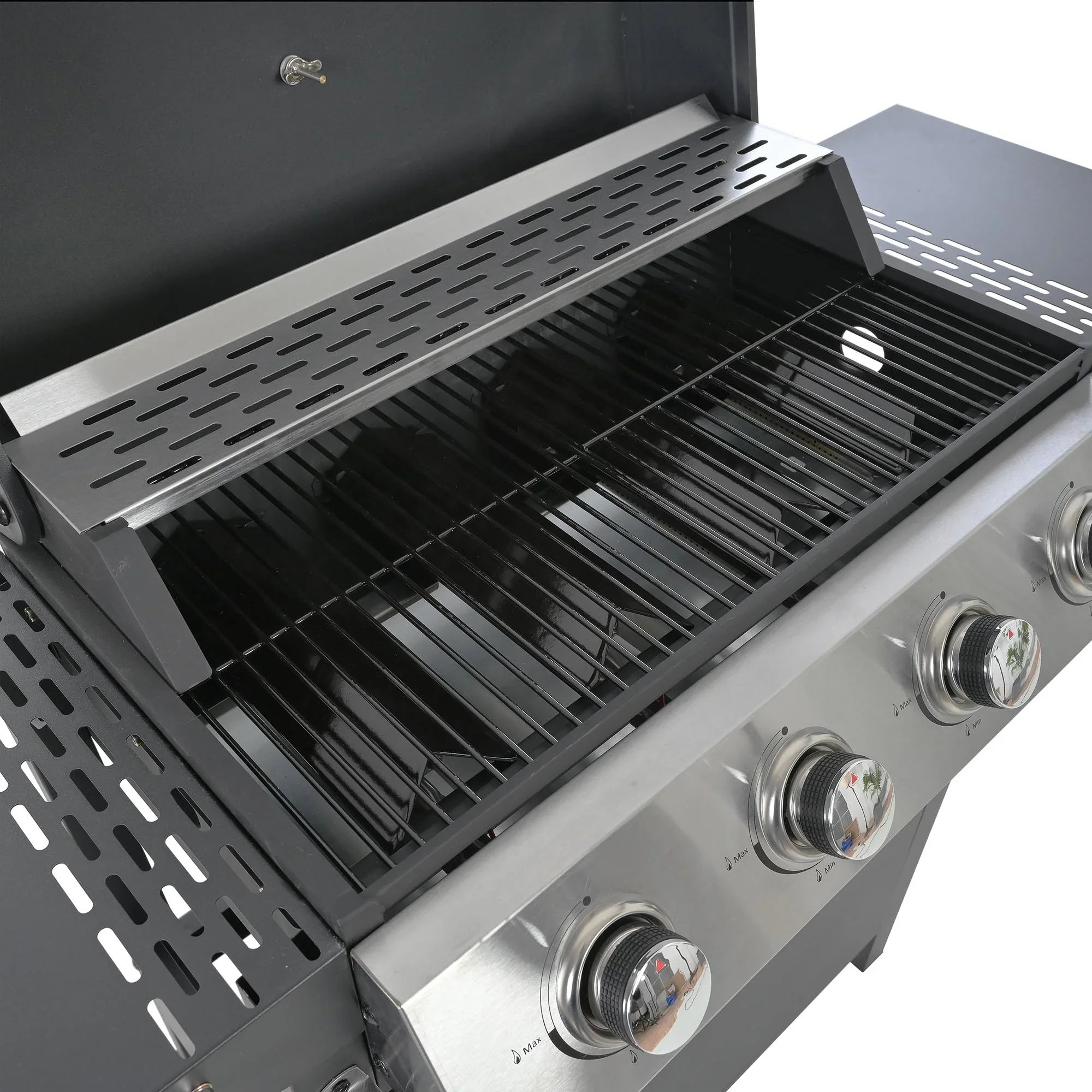 Stainless Steel BBQ Gas Grill 4-Burners Side Burner Thermometer Two Shelves Grilling Space Patio Garden Barbecue - Black