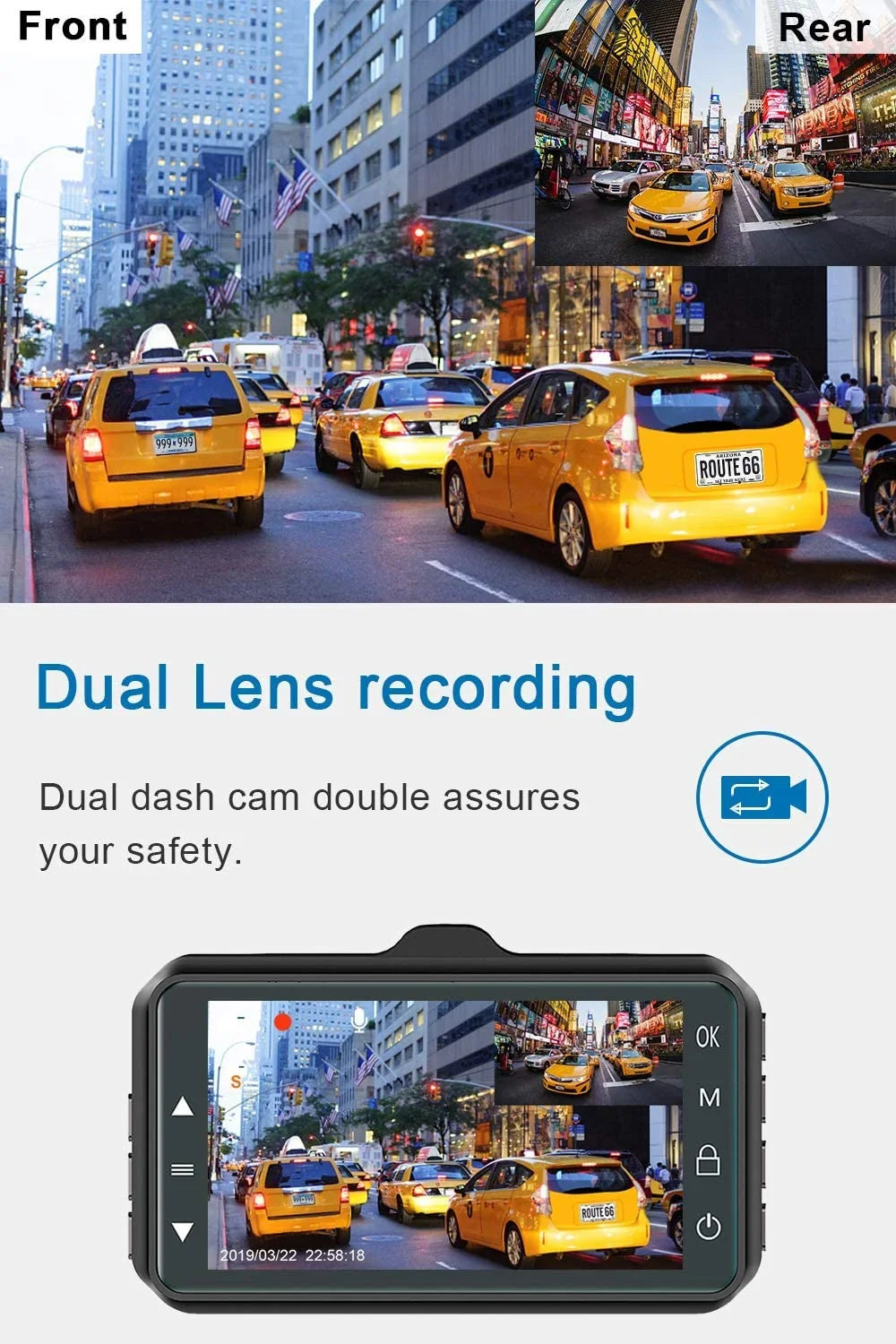 Dash Cam Front and Rear Dual Dash Cam 3 inch Dashboard Camera Full HD 170° Wide Angle Backup Camera with Night Vision WDR G-Sensor Parking Monitor Loop Recording Motion Detection
