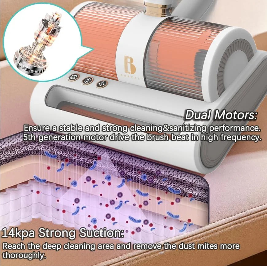 Handheld Allergen Vacuum Cleaner with Dual Motors Ultrasonic UV Bed Vacuum for Allergies and Pet, eliminates Allergens/Mite,14kpa | Strong Beating | True HEPA removes Hair,Crumbs,Dust, VC0011